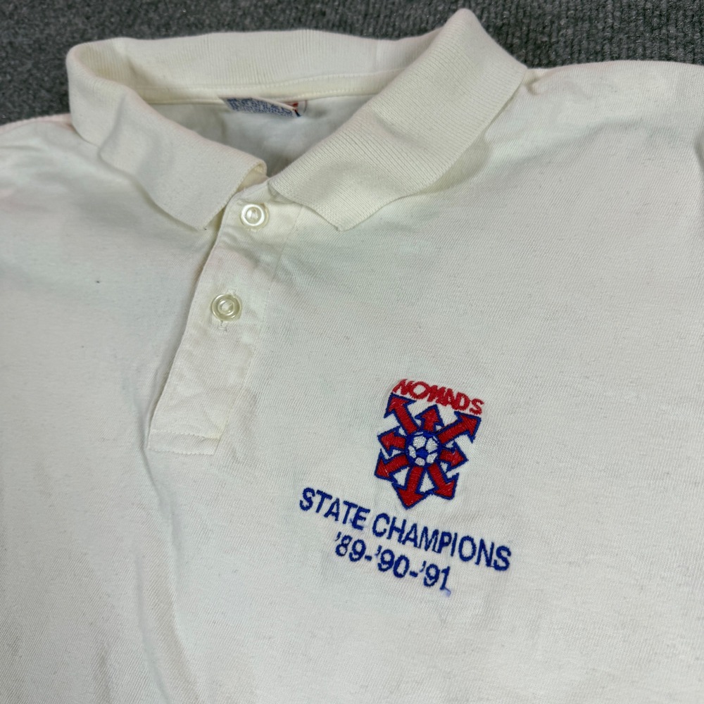 Vintage 90s Tuff-T Nomads Soccer State Champions Cotton White Polo Size XL Retro